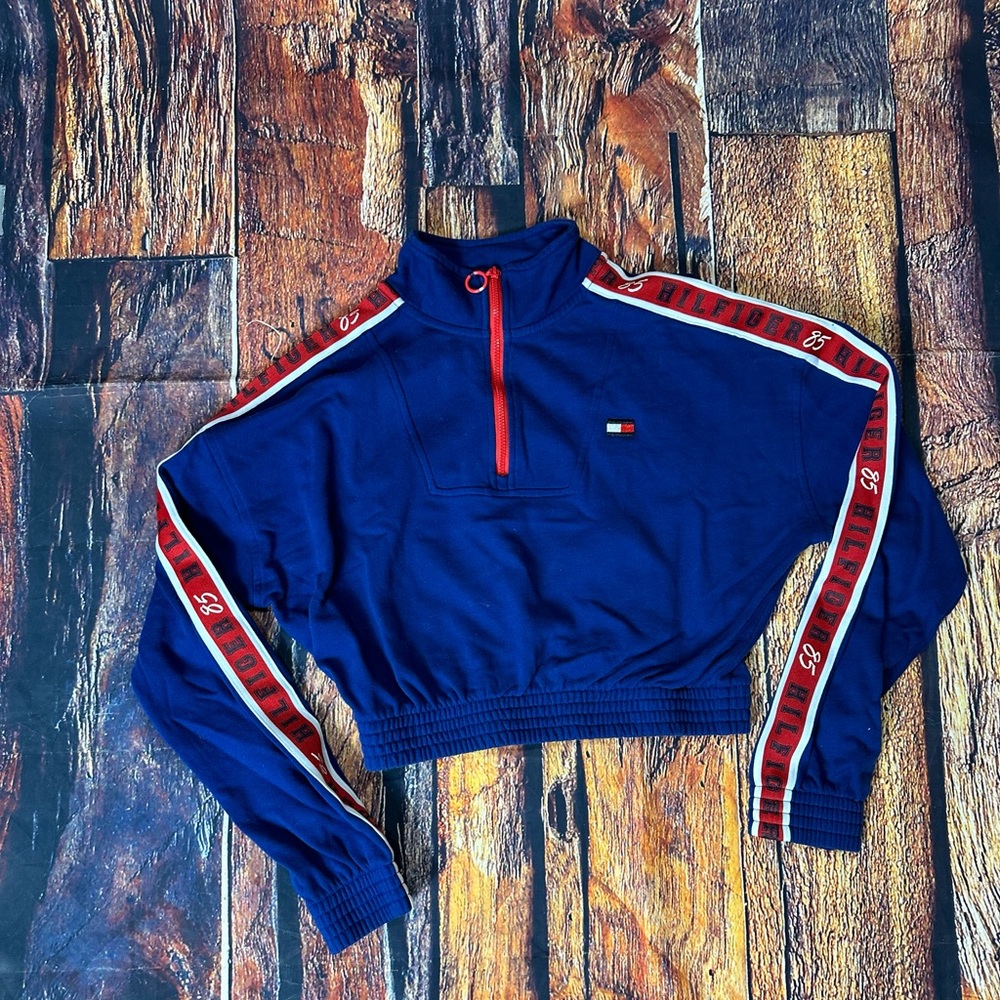 Womens TOMMY HILFIGER Blue Red Crop Tape Half Zip Sweatshirt Top